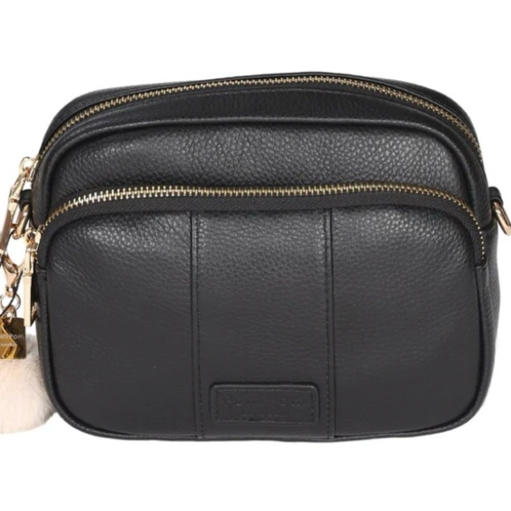 Sleek Black Leather Crossbody Bag with Gold Accents